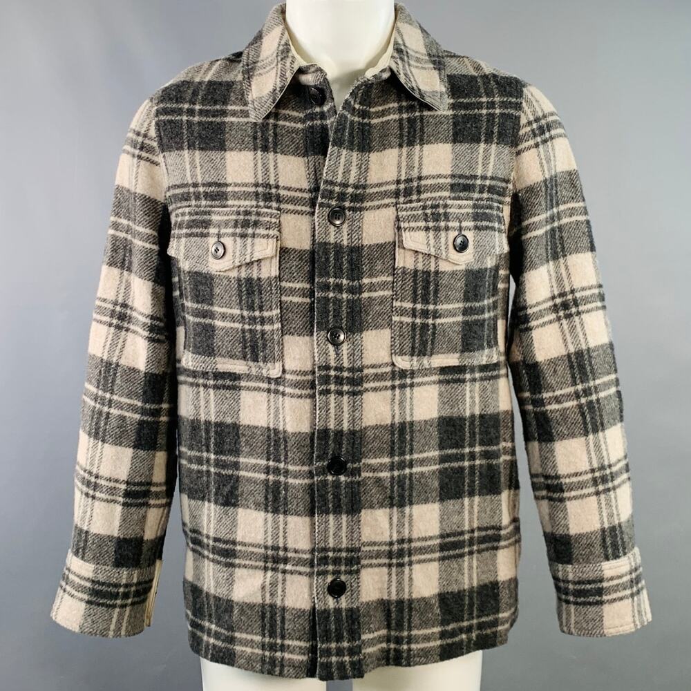 ISABEL MARANT Gervon Grey Beige Plaid Wool Oversized Long Sleeve Shirt Jacket